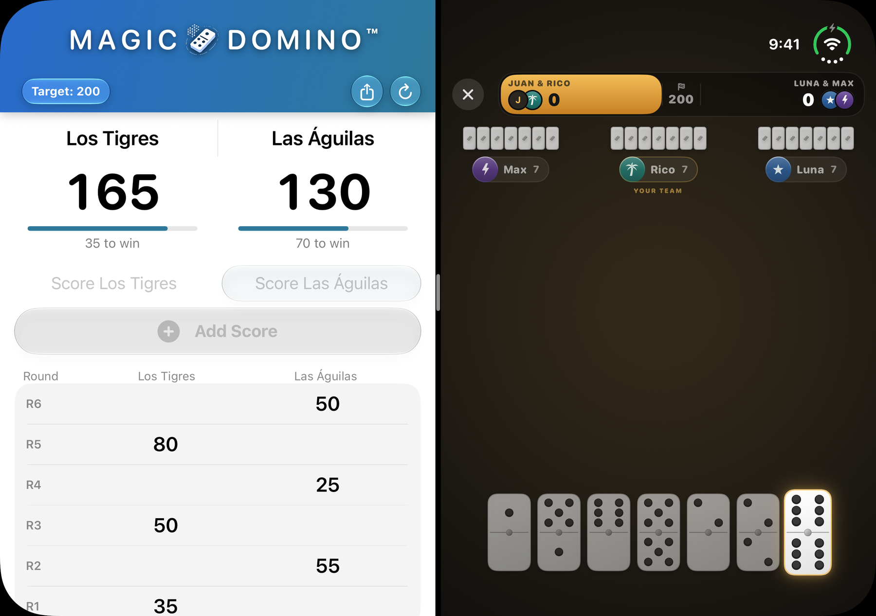 Magic Domino on an opened iPhone Duo: the scoreboard on the left half, a domino hand in play on the right